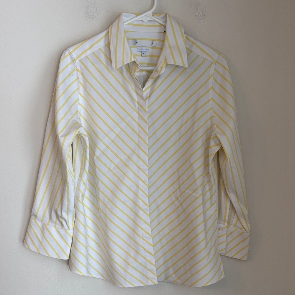 Foxcroft Womens no iron 3/4 sleeve striped yellow White Button-Up Shirt sz 8 EUC